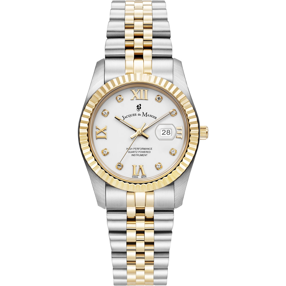 Orologio con cassa bicolore in acciaio e oro, quadrante bianco con numeri romani e dettagli brillanti.