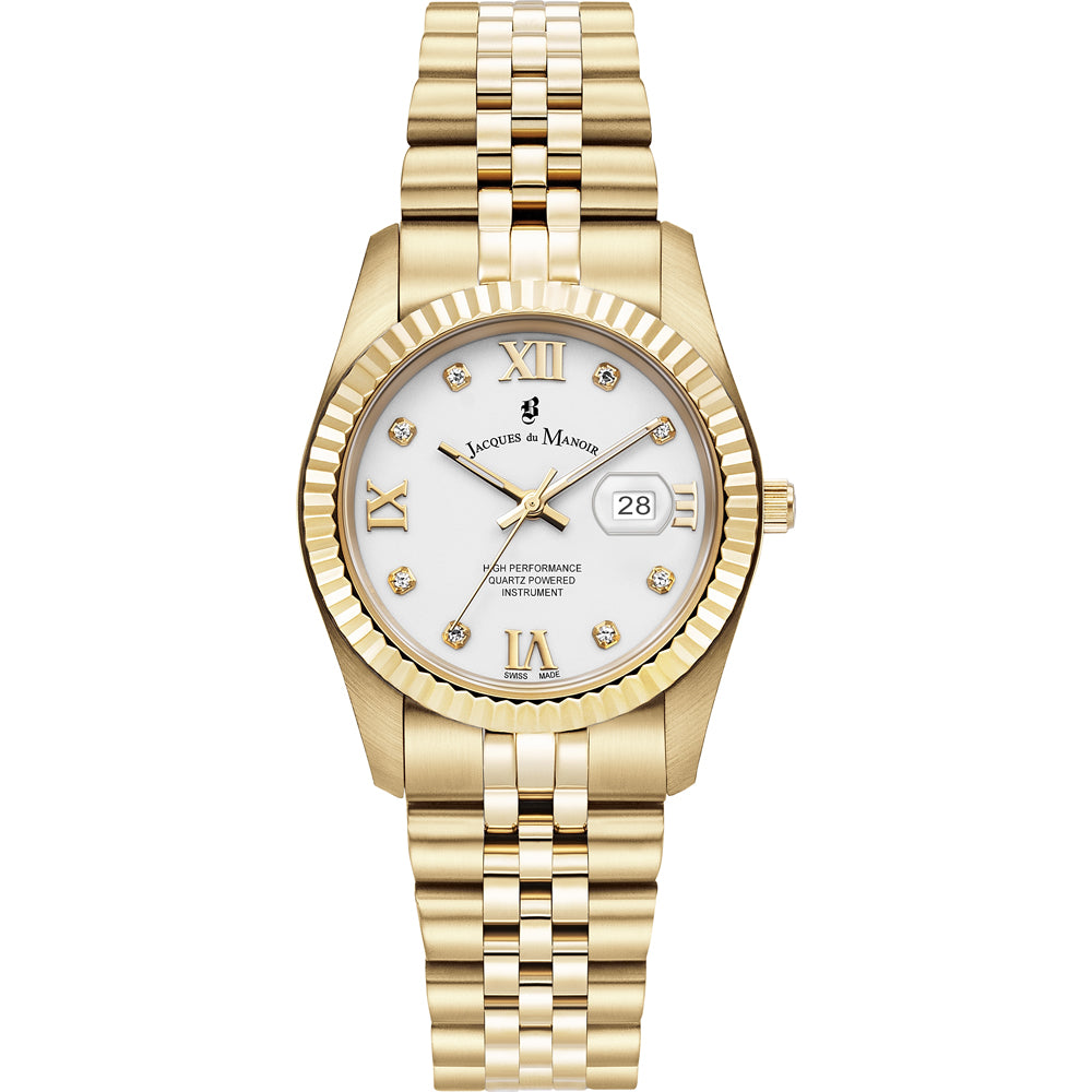 Orologio dorato con quadrante bianco, numeri romani e bracciale a maglia rolò.
