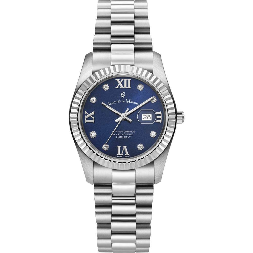 Orologio con cassa in acciaio inox, quadrante blu con numeri romani e diamanti, bracciale a maglia rolò.