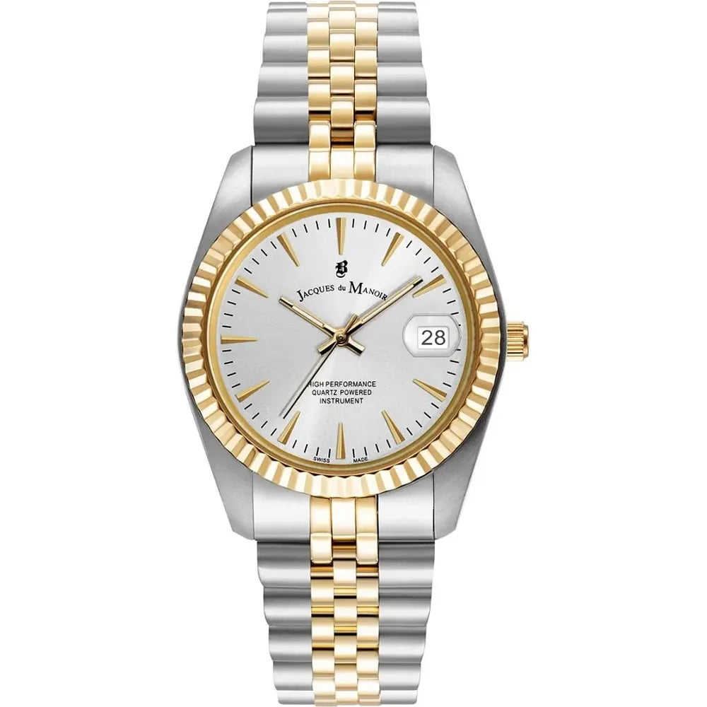 Orologio con cassa bicolore in acciaio e oro, quadrante argentato e bracciale a maglia rolò.