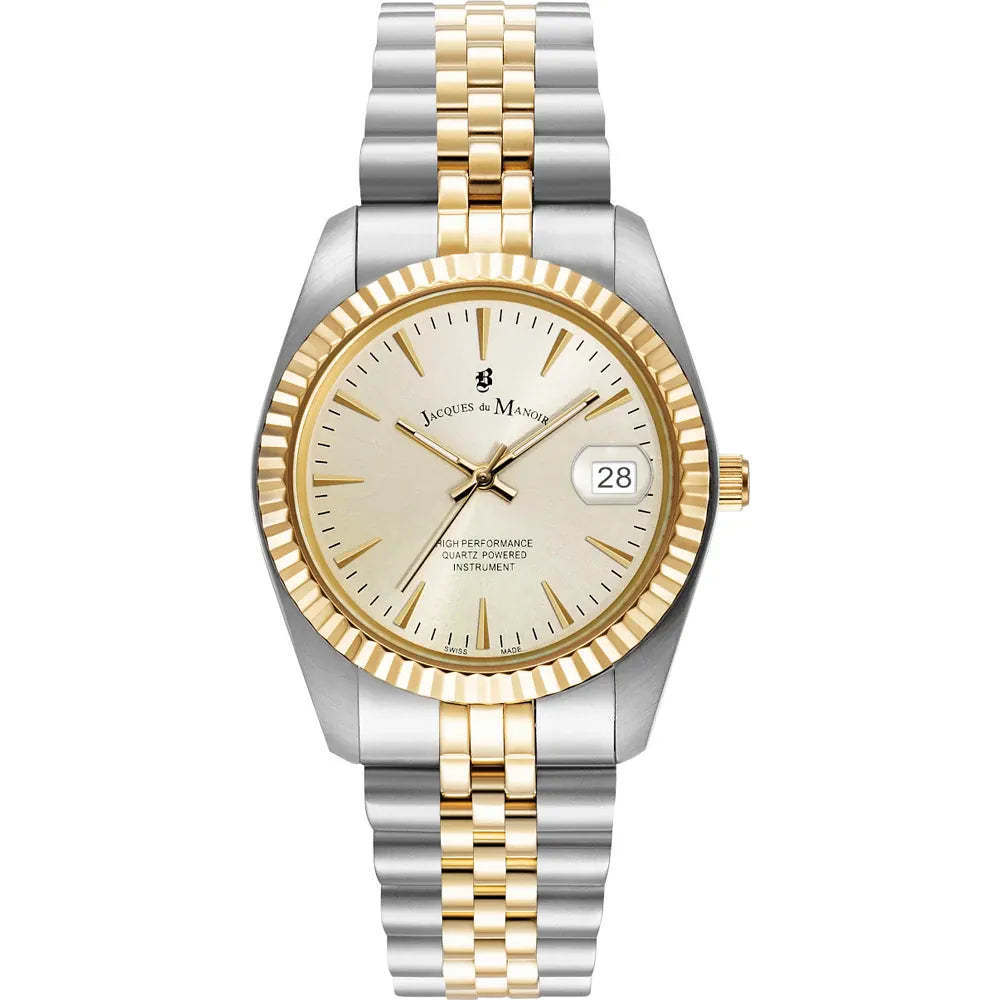 Orologio con cassa bicolore in acciaio e oro, quadrante dorato e bracciale a maglia rolò.