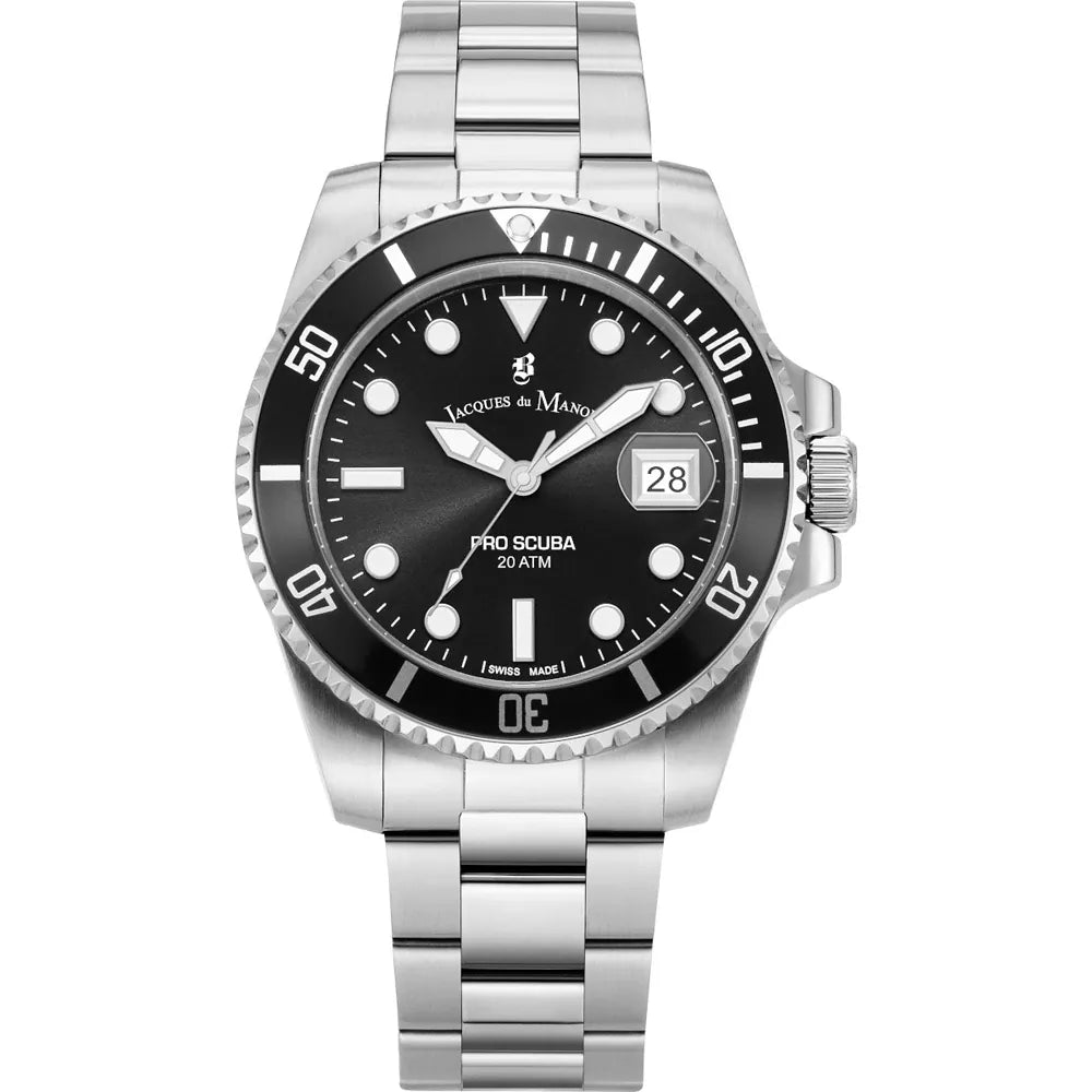 Orologio subacqueo Pro Scuba con cassa in acciaio inox, quadrante nero e bracciale in acciaio.