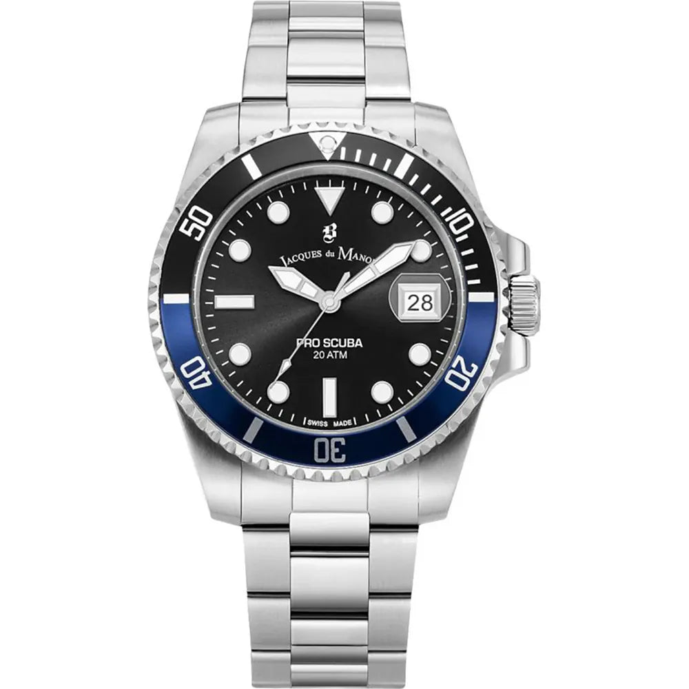 Orologio subacqueo Pro Scuba con cassa in acciaio inox, quadrante nero e lunetta blu.