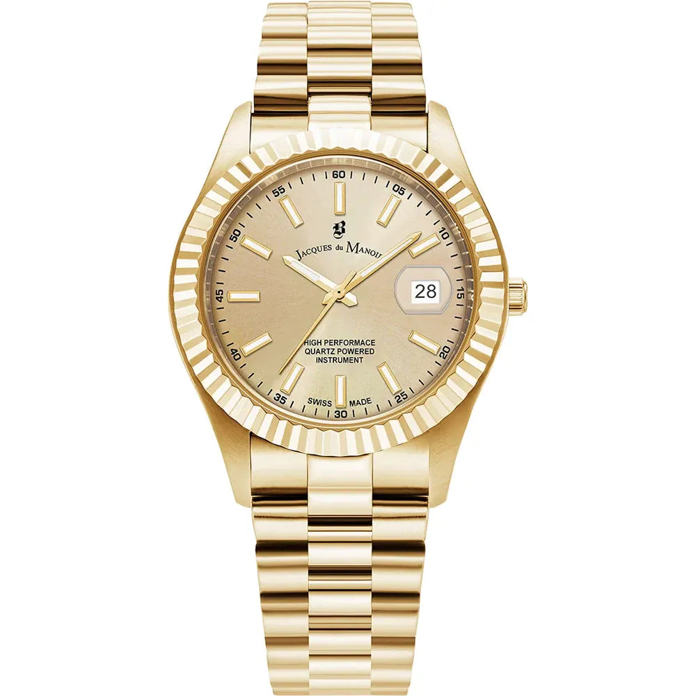 Orologio dorato con quadrante beige, cassa e cinturino in acciaio inossidabile lucido, data a ore 3.