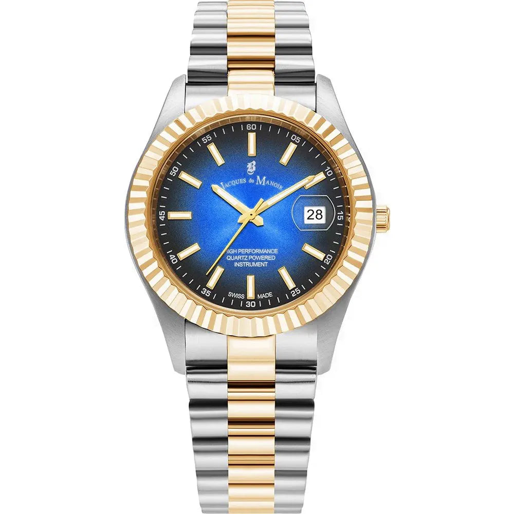 Orologio con cassa bicolore in acciaio e oro, quadrante blu e bracciale a maglia rolò.