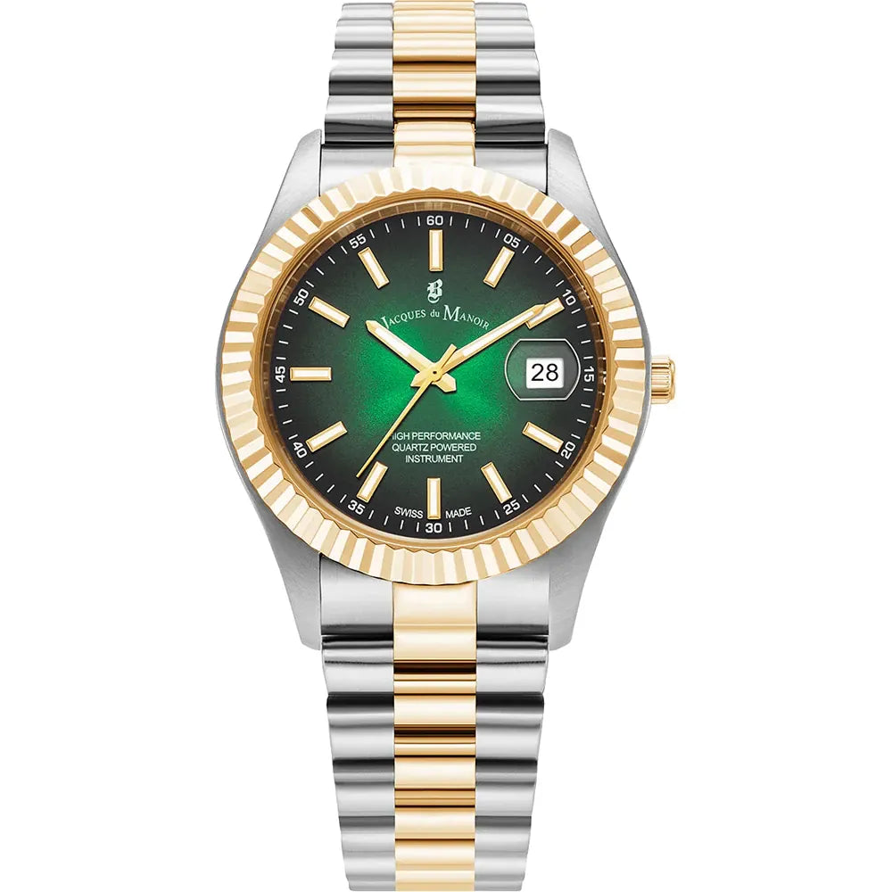 Orologio con cassa bicolore, quadrante verde e bracciale in acciaio e oro.