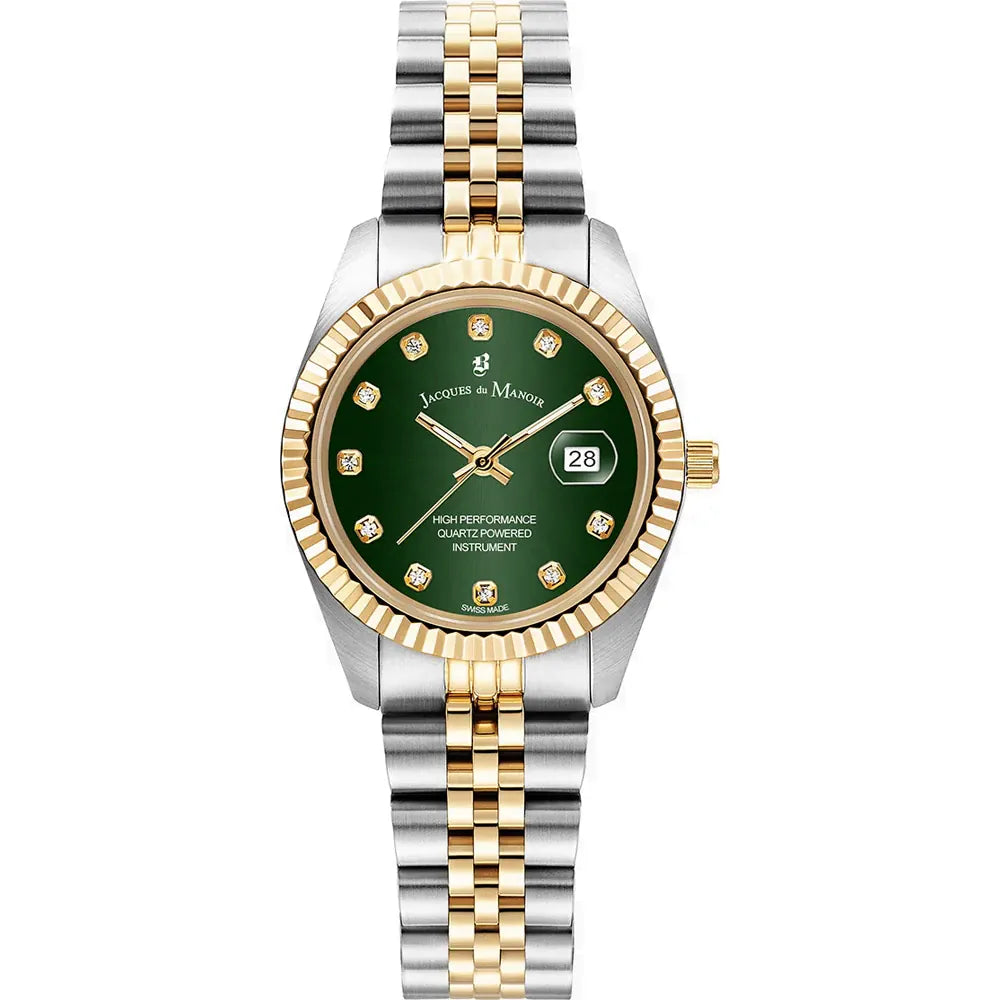 Orologio con cassa bicolore, quadrante verde e bracciale in acciaio e oro, con diamanti.