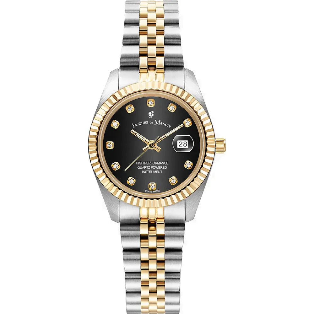 Orologio con cassa bicolore in acciaio e oro, quadrante nero con diamanti e datario.