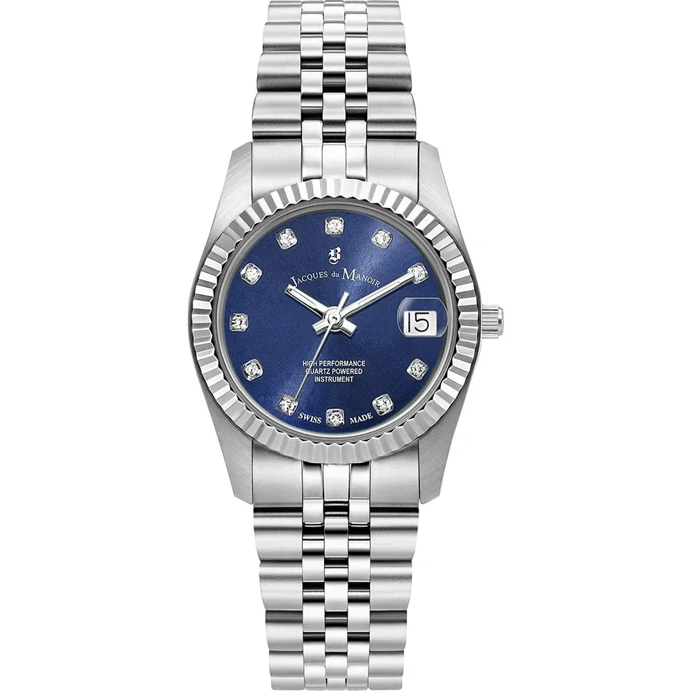 Orologio con cassa in acciaio inox, quadrante blu e bracciale maglia rolò, con diamanti.