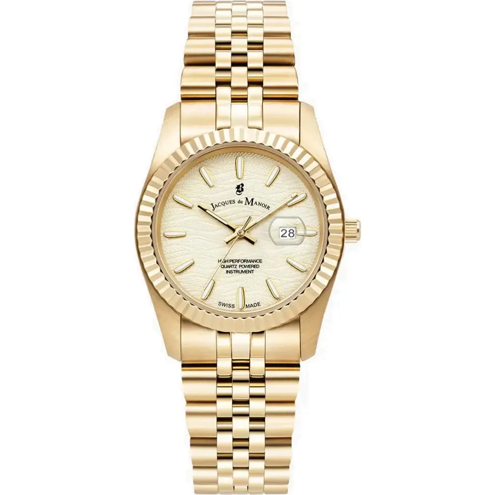 Orologio dorato con quadrante chiaro, cassa a forma rotonda e bracciale a maglia rolò.