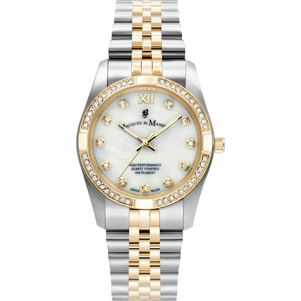 Orologio con cassa in acciaio inox e oro, quadrante madreperla con cristalli e bracciale bicolore.