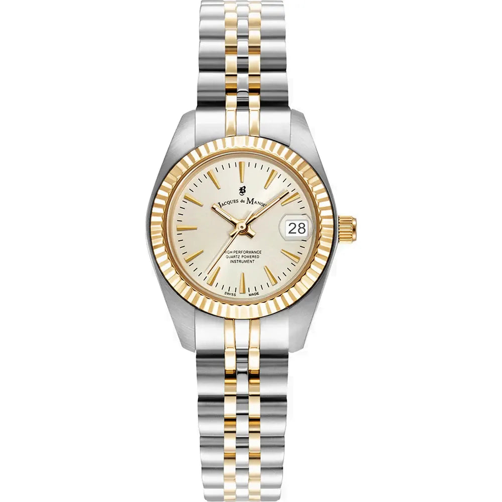 Orologio con cassa in acciaio inox e dettagli dorati, quadrante argentato e bracciale a maglia rolò.