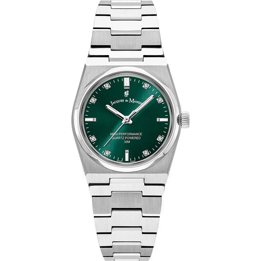 Orologio da donna con cassa in acciaio inox, quadrante verde e bracciale in acciaio lucido.