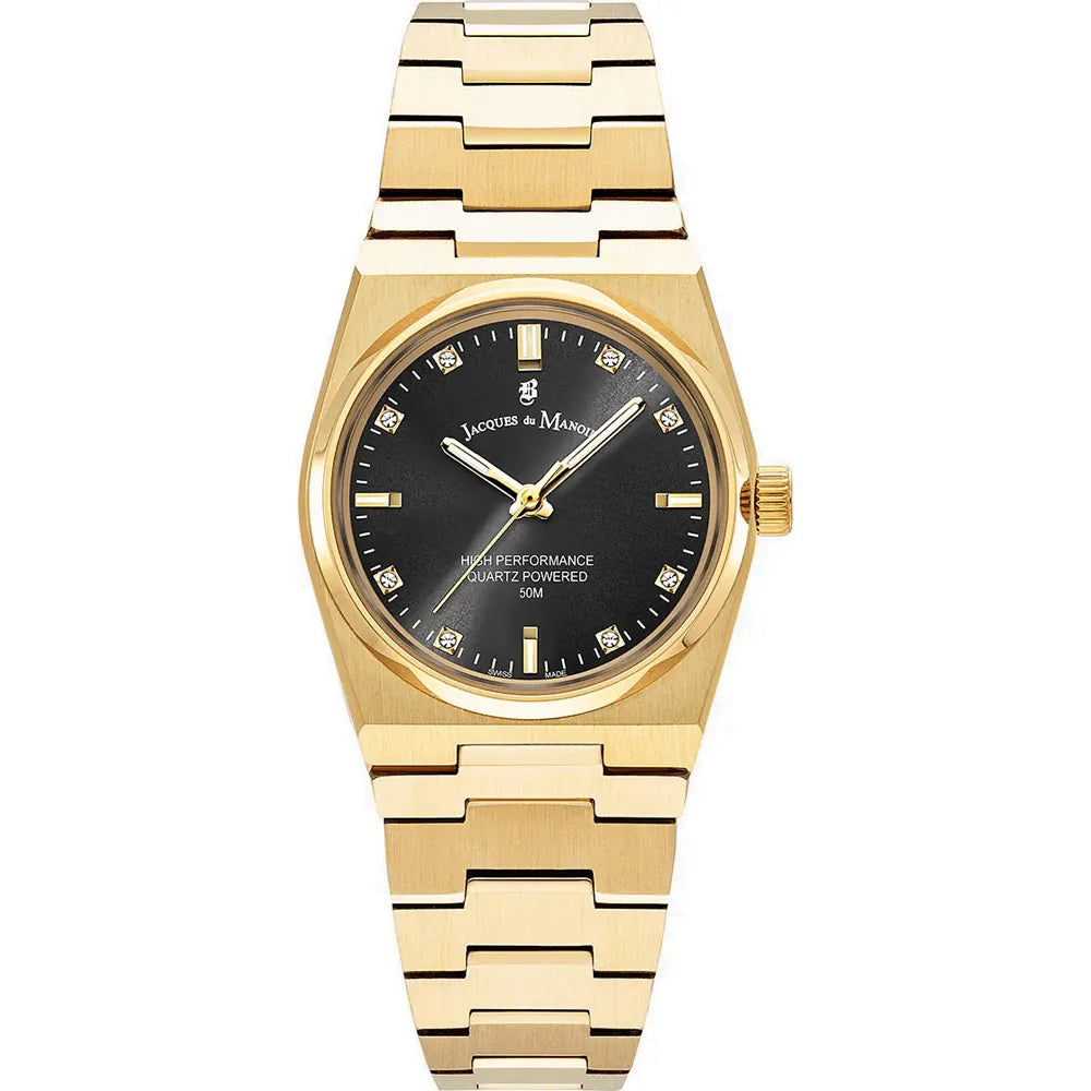 Orologio da donna con cassa dorata, quadrante nero e bracciale in maglia rolò.