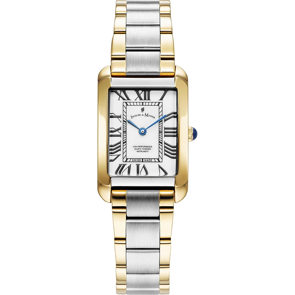 Orologio rettangolare bicolore con cassa dorata e bracciale in acciaio inox, quadrante bianco con numeri romani.
