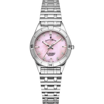 Orologio con cassa argentata, quadrante rosa e bracciale in acciaio inox.