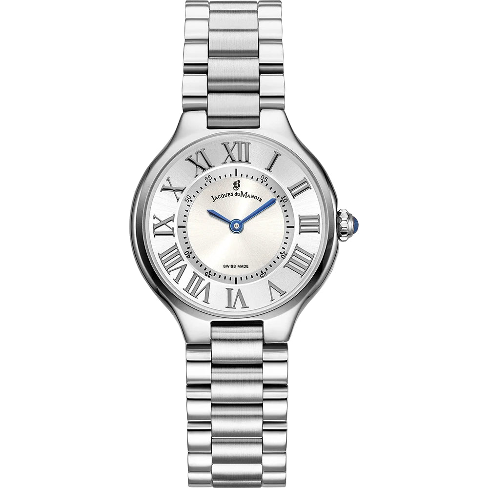 Orologio in acciaio inox con quadrante argentato e numeri romani, cinturino a maglia rolò.