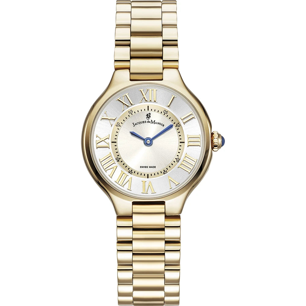 Orologio dorato Jacques du Manoir con quadrante bianco e numeri romani, cinturino in maglia rolò.