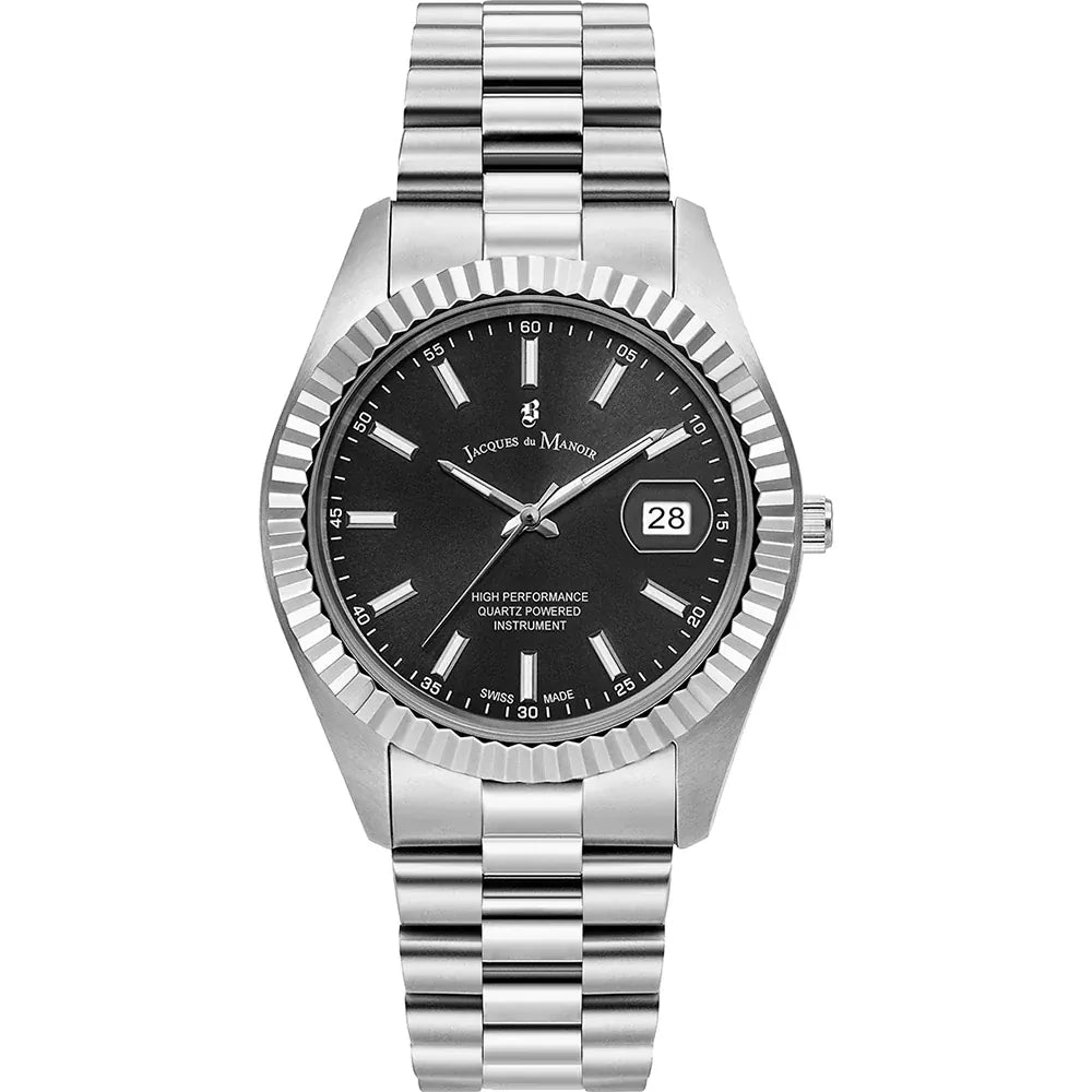 Orologio con cassa in acciaio inox, quadrante nero e bracciale a maglia rolò.