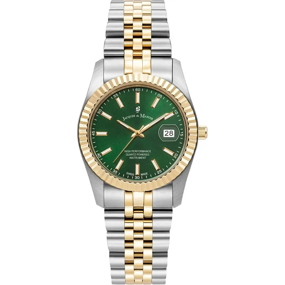 Orologio con cassa in acciaio inox bicolore, quadrante verde e bracciale a maglia rolò.
