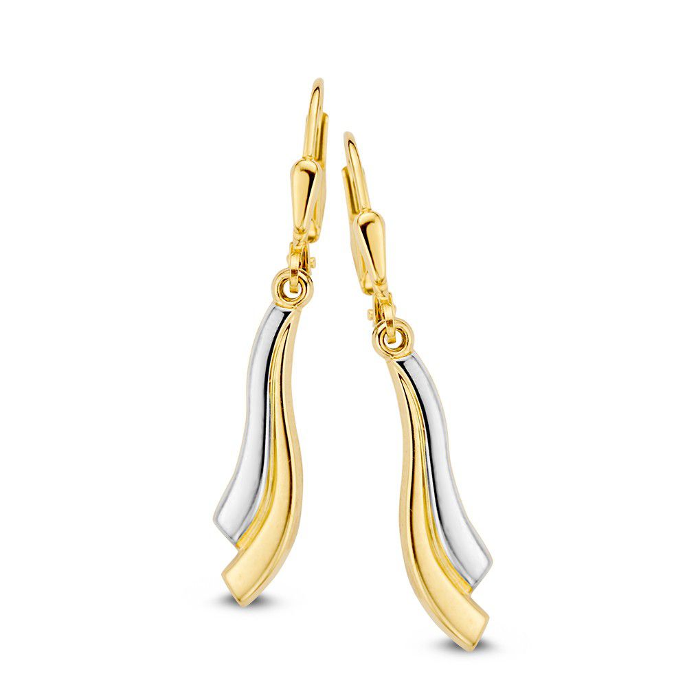 Orecchini pendenti bicolore in oro giallo e bianco 14 carati, senza pietre, con design ondulato.