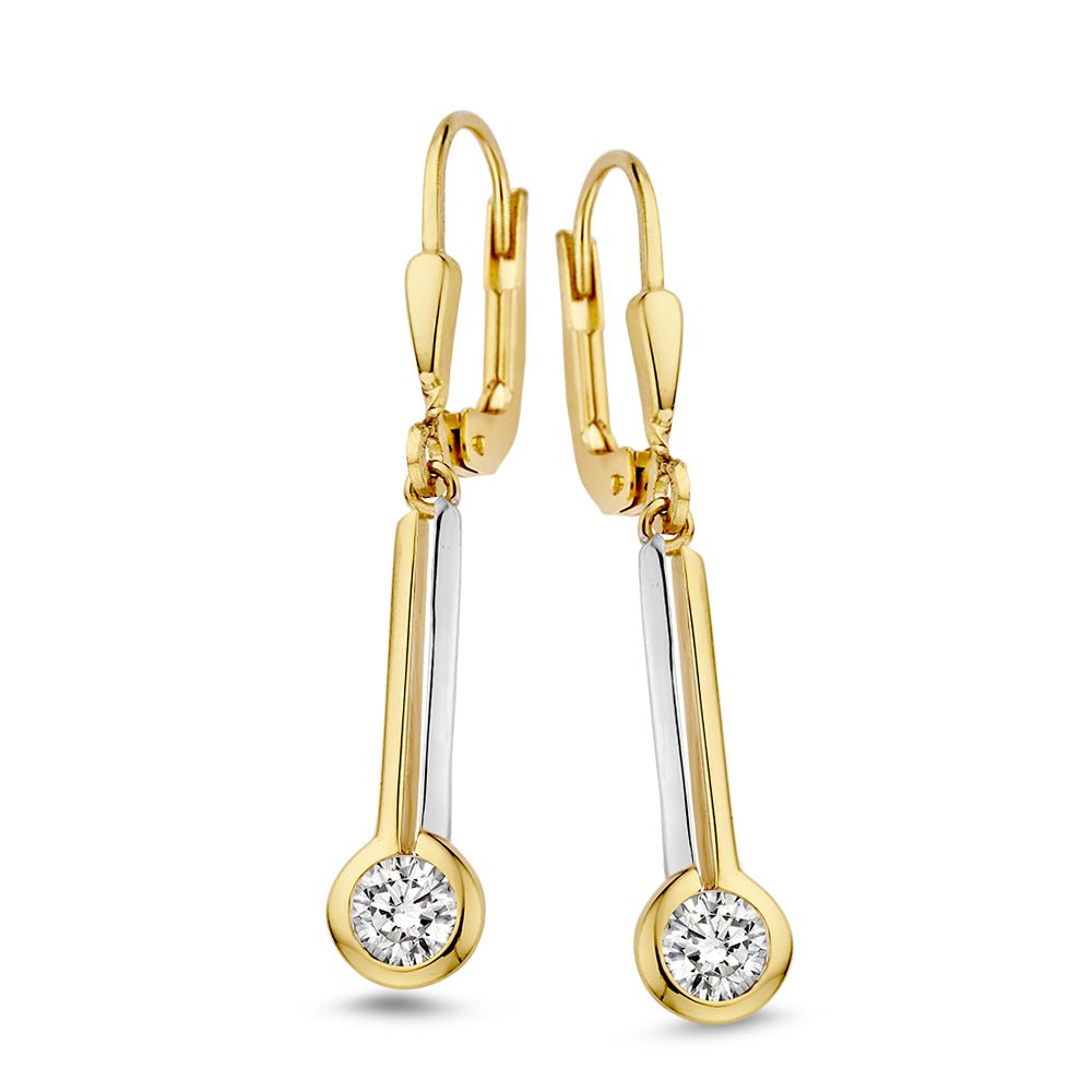 Speelse Bicolor Oorhaken met Zirkonia Hangers - 14 Karaat Geel/Wit Goud