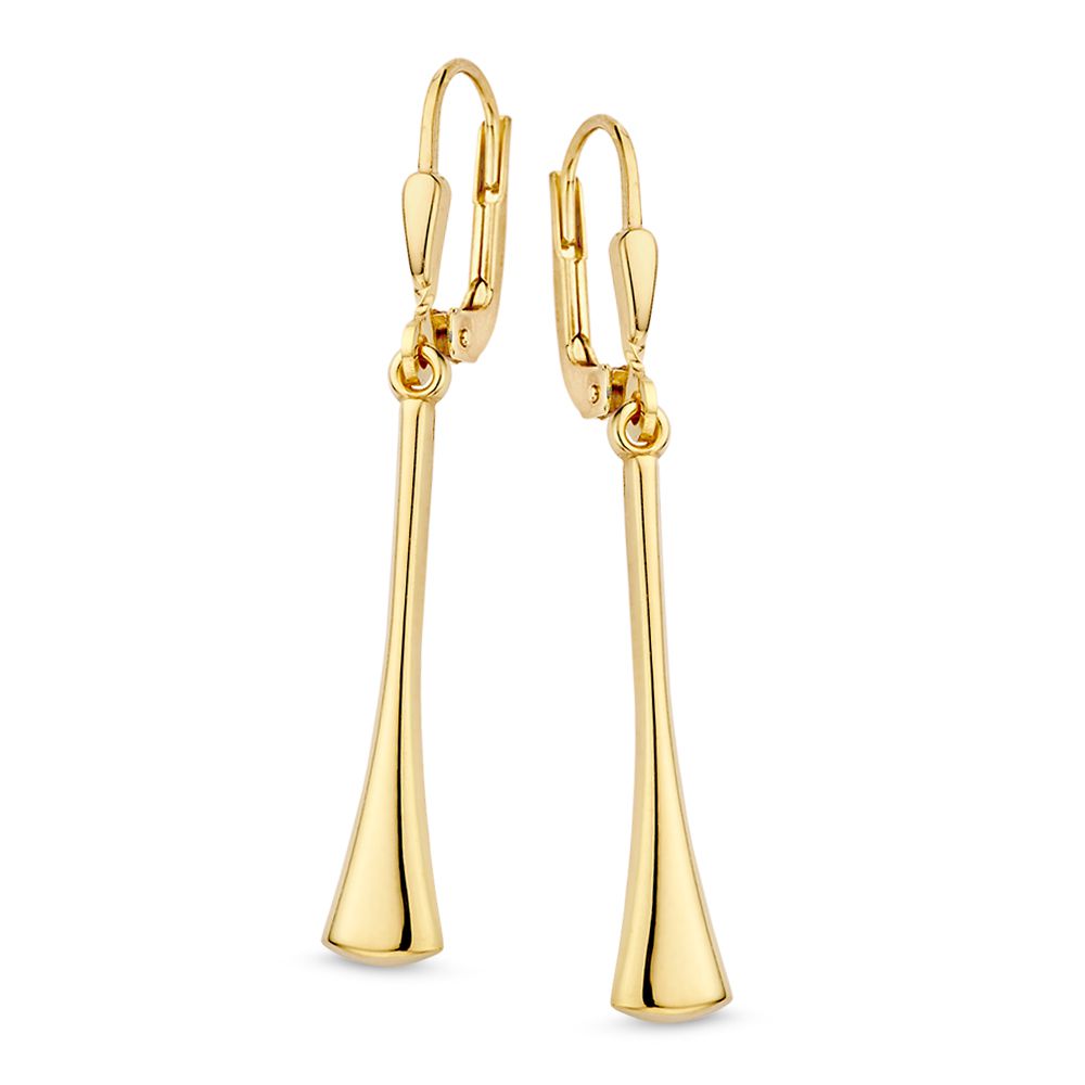 Orecchini in oro giallo 14 carati con pendenti allungati e design giocoso.