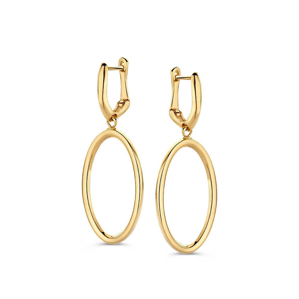 Orecchini in oro giallo 14 carati con pendenti aperti, forma ovale e design giocoso.