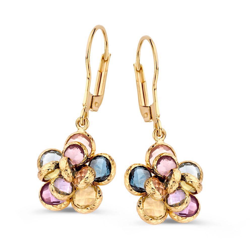 Orecchini in oro giallo a forma di fiore con pietre colorate: ametista, topazio, quarzo rosa e ametista verde.