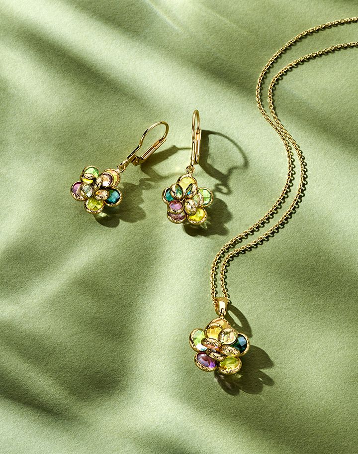 Splendidi Orecchini a Gancio in Oro Giallo con Pietre Colorate a Forma di Fiore – Ametista, Topazio, Quarzo Rosa e Ametista Verde
