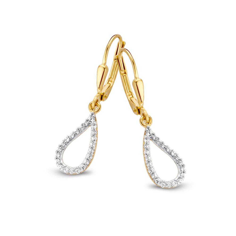 Orecchini in oro giallo 14 carati con pendenti a goccia decorati con zirconi.