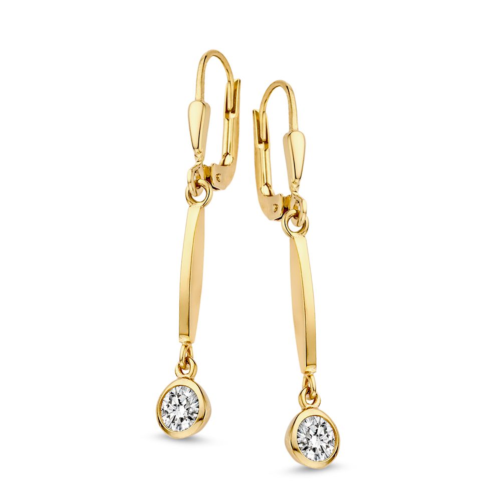 Orecchini in oro giallo 14 carati con pendenti in zirconia, design lungo e lucido.