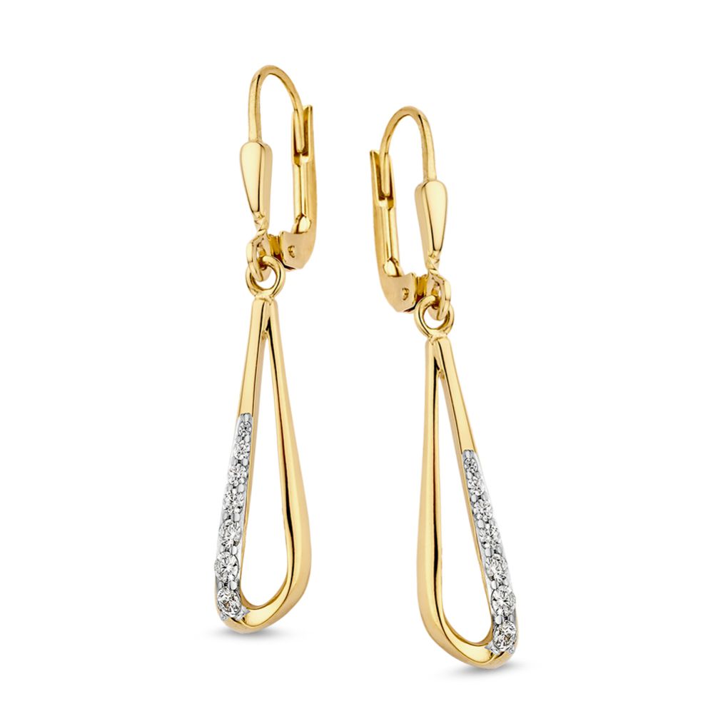 Orecchini in oro giallo 14 carati con zircone, a forma di goccia.