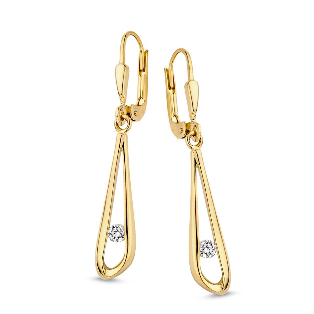 Orecchini in oro giallo 14 carati con zircone, design a goccia.