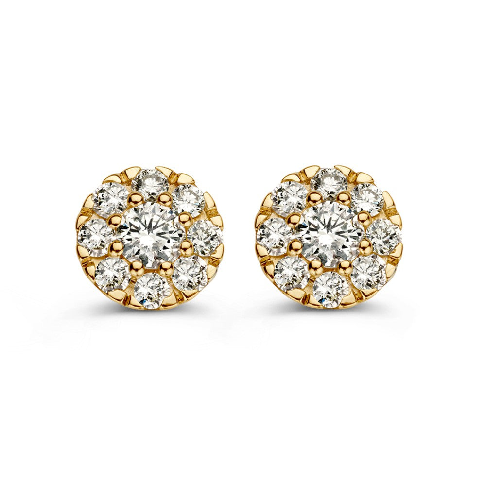 Orecchini in oro giallo con diamante centrale e incastonatura a entourage, 0,80 crt.