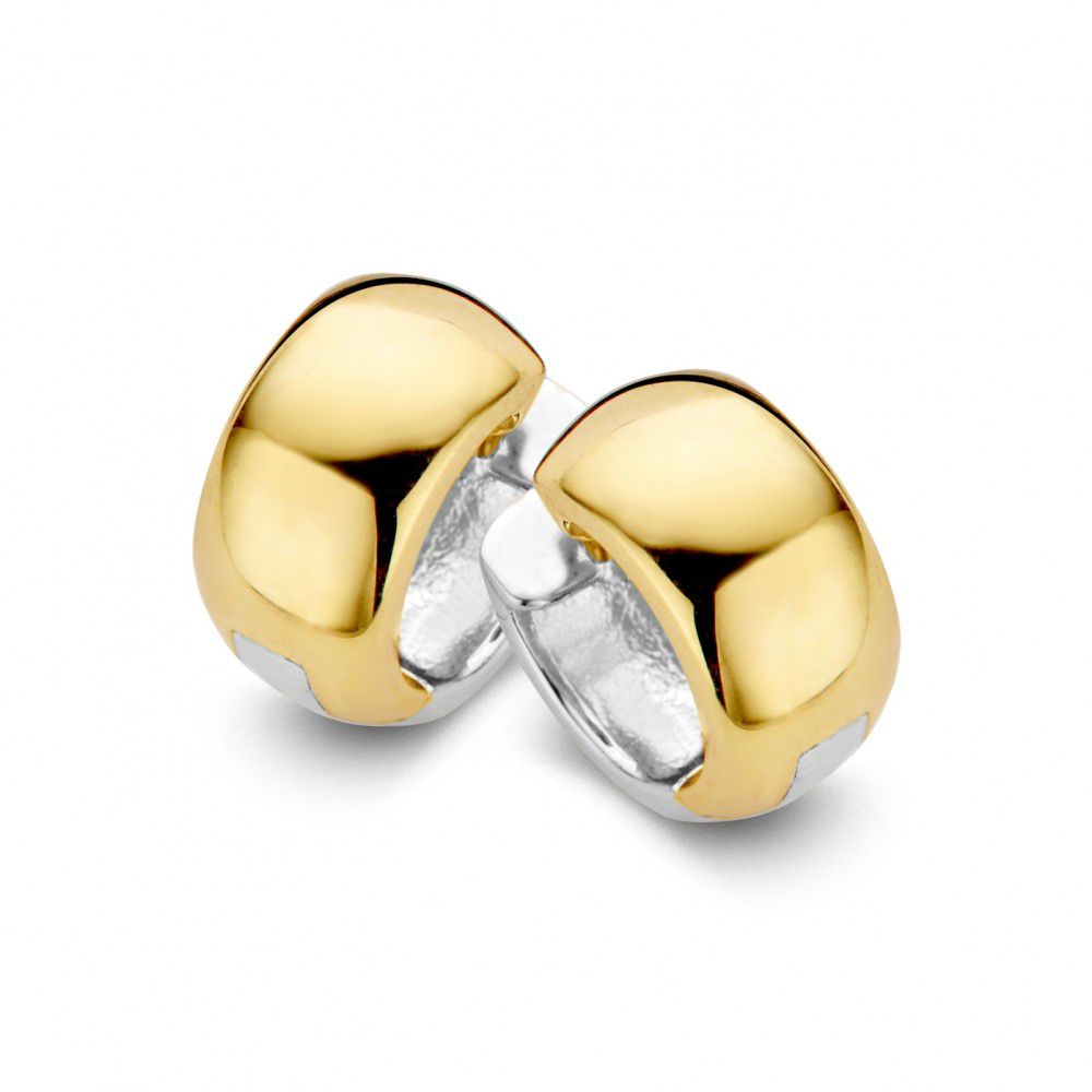 Orecchini alla creola bicolore in oro giallo e bianco, forma rotonda e lucida.