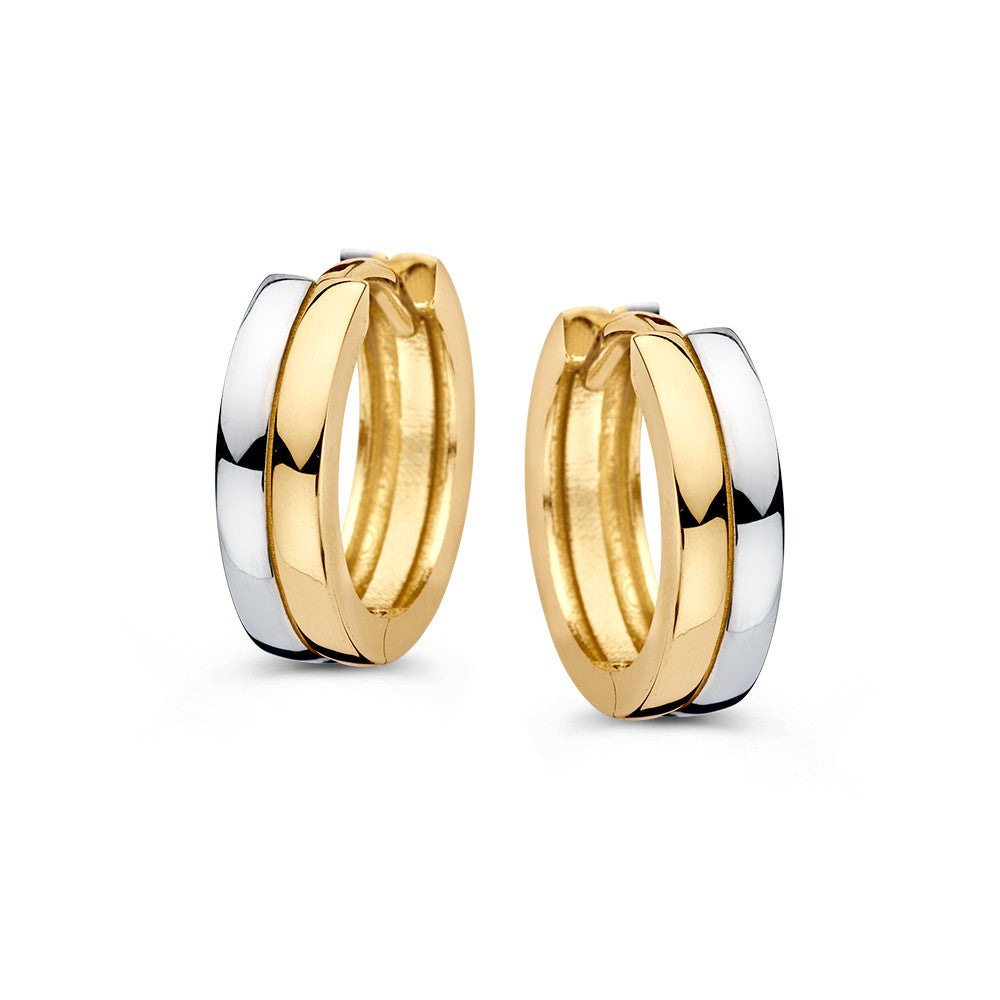 Orecchini bicolore in oro giallo e bianco, con finitura lucida e forma circolare.