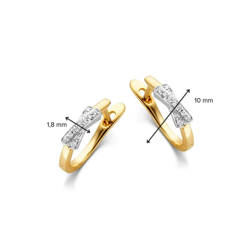 Orecchini a cerchio bicolore in oro bianco e giallo 14 carati con diamanti – 0,05 crt, elegante montatura a forma di X