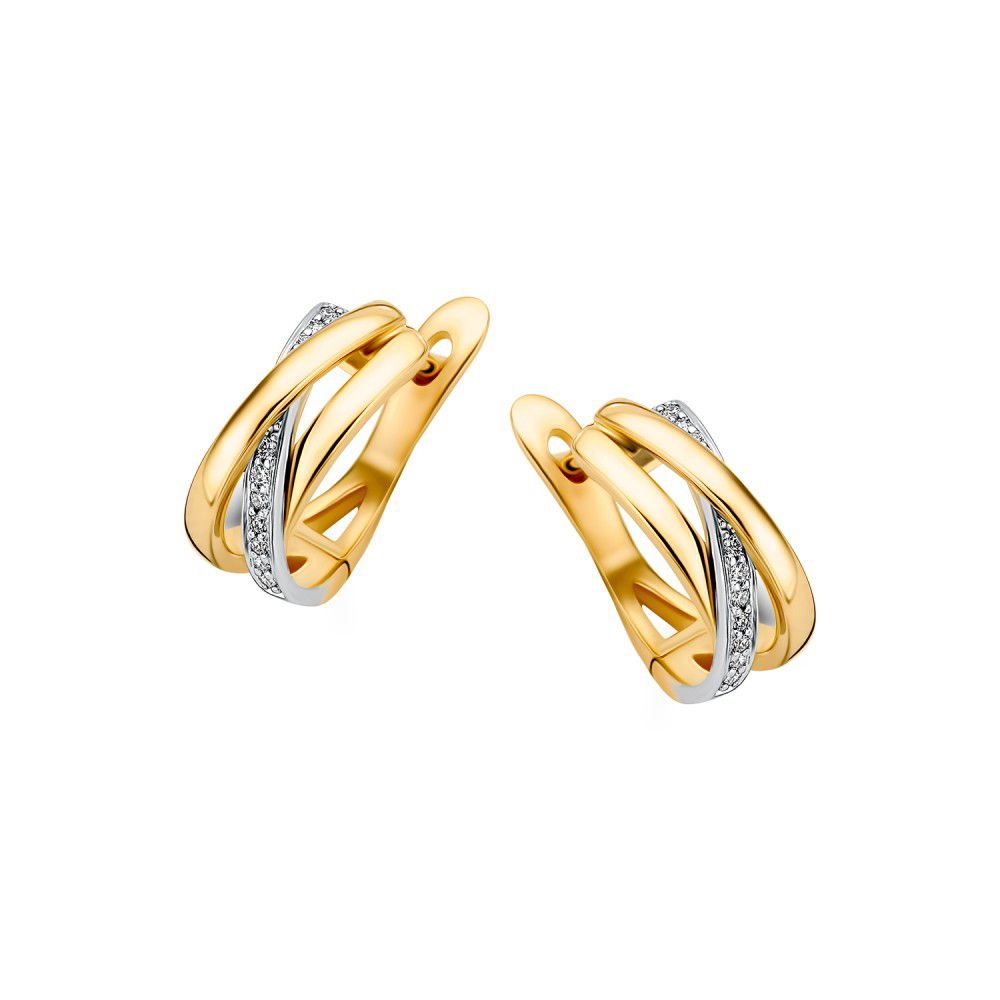 Orecchini eleganti in oro giallo 14 carati con dettagli in diamante, design intrecciato.