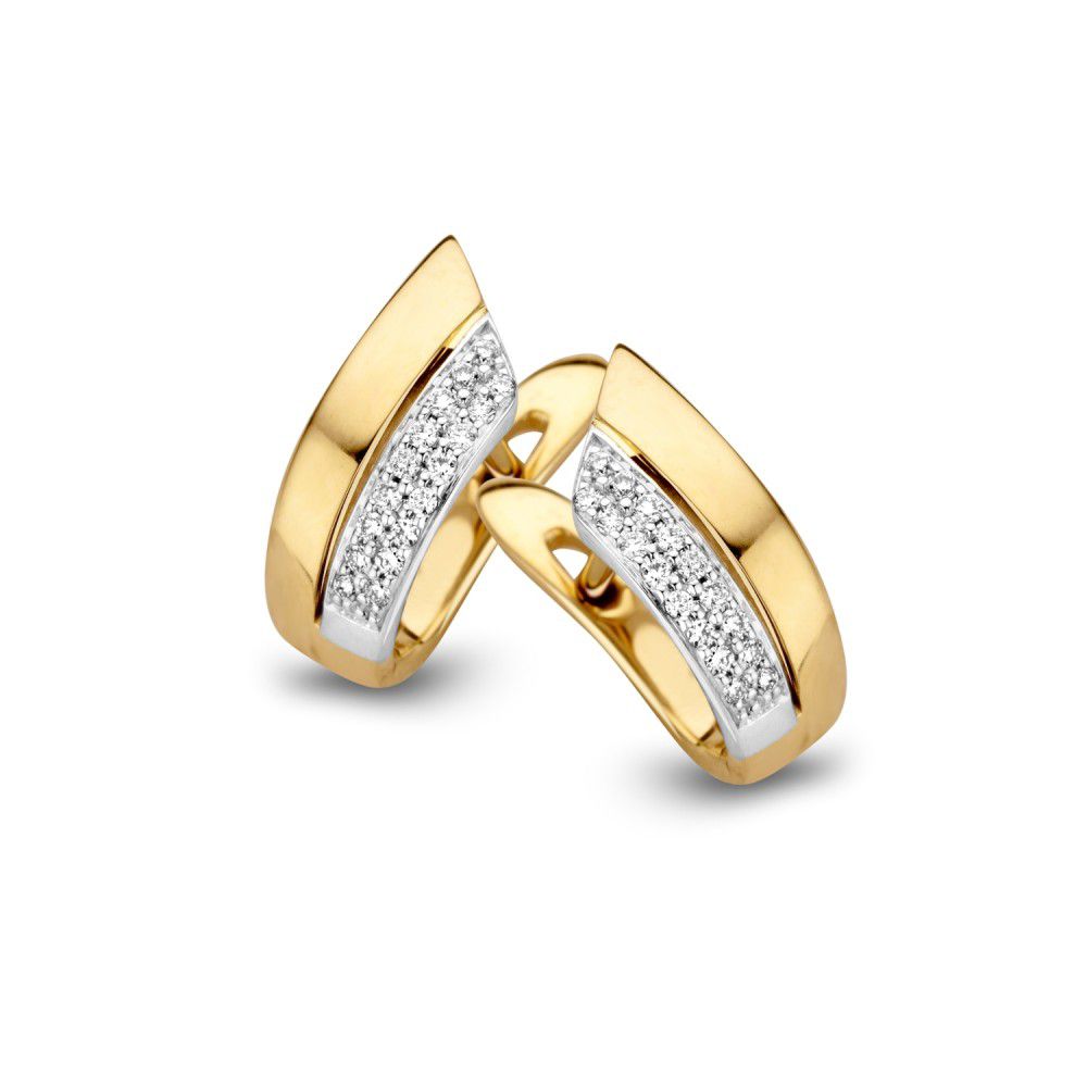 Orecchini bicolore in oro giallo e bianco con diamanti, design elegante in oro 14 carati.