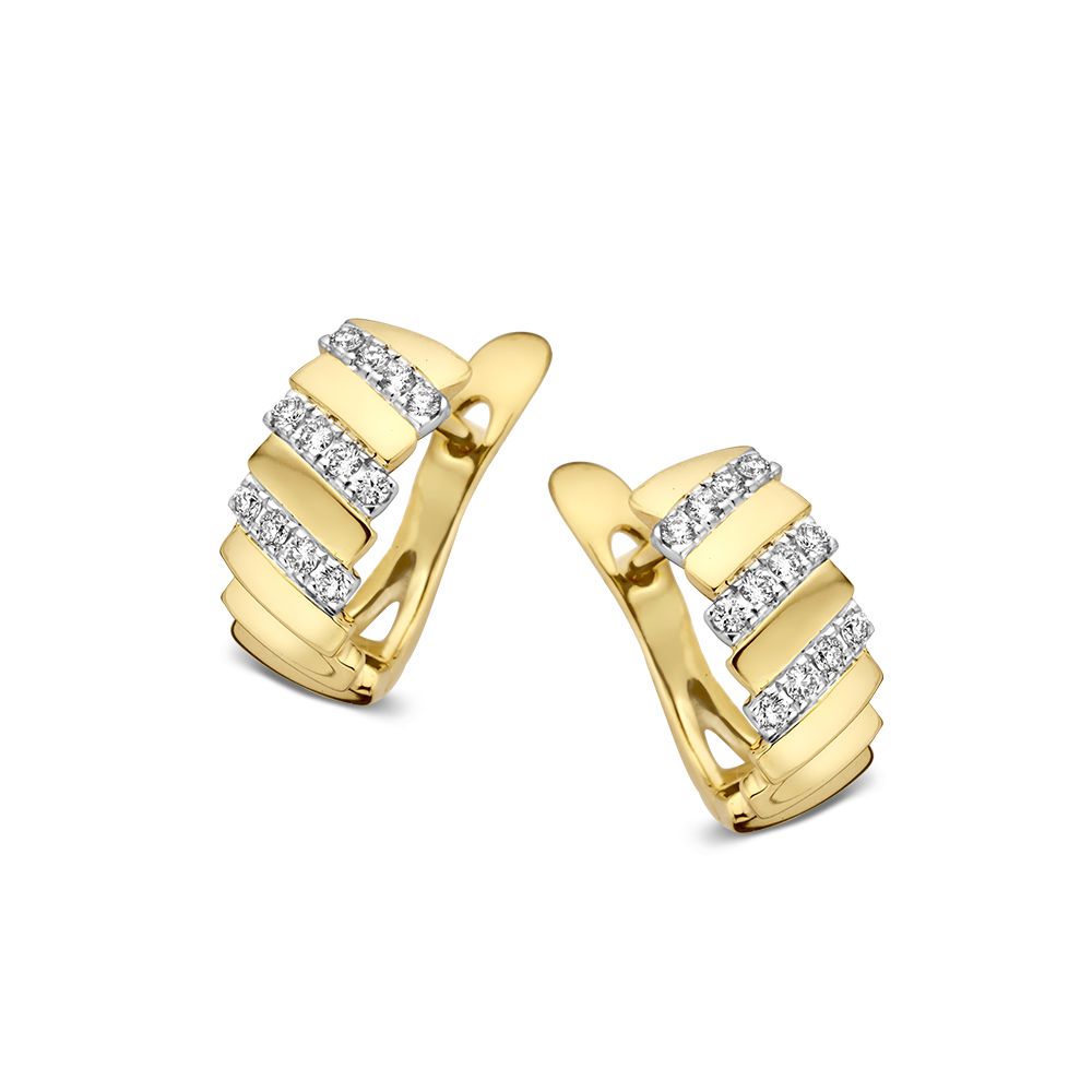 Orecchini bicolore in oro giallo e bianco con diamanti, 14 carati, decorati con 0,14 carati di diamanti.