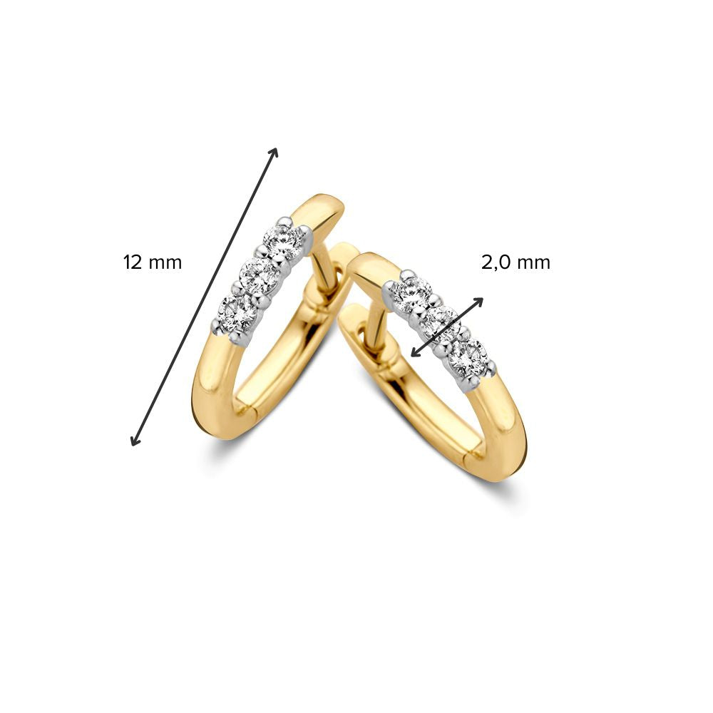 Orecchini bicolore in oro giallo e bianco con tre diamanti – orecchini in oro 14 carati con diamanti da 0.15 carati