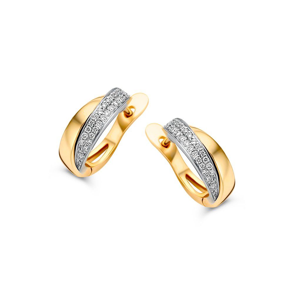 Orecchini bicolore in oro giallo e bianco con diamanti in pavé, 14 carati, 0,20 carati di diamanti.