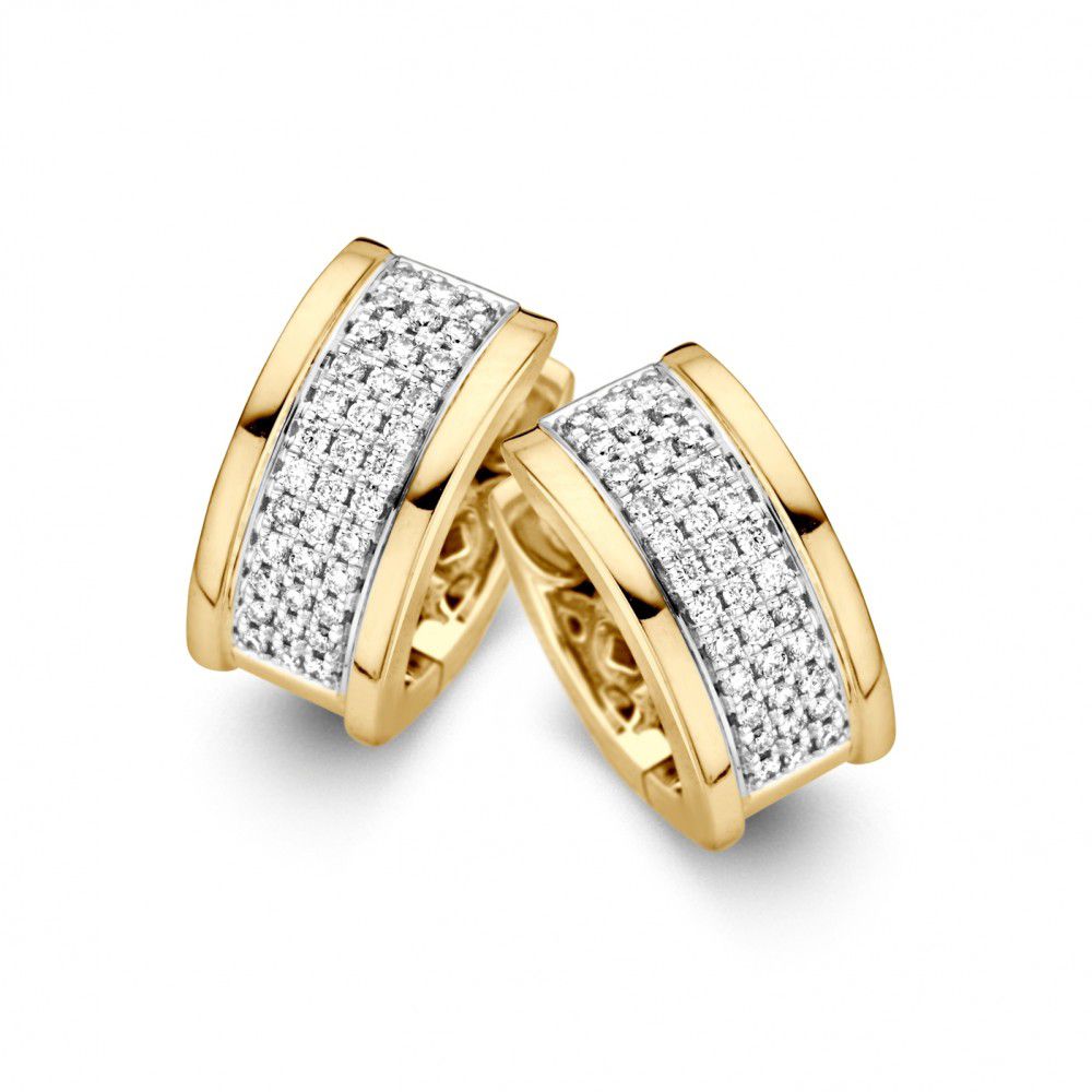 Orecchini in oro giallo e bianco con diamanti in pavé, design largo e moderno, 14 carati.