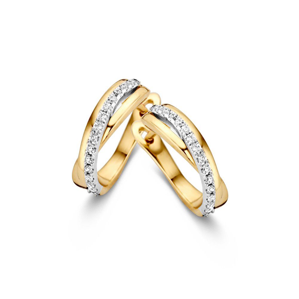 Orecchini bicolore in oro con zircone, design elegante a più bande, 14 carati.