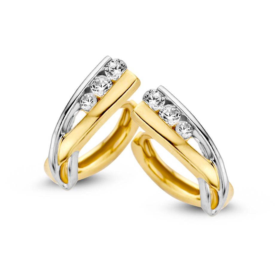 Orecchini alla creola bicolore in oro giallo e bianco con zirconi, design elegante.