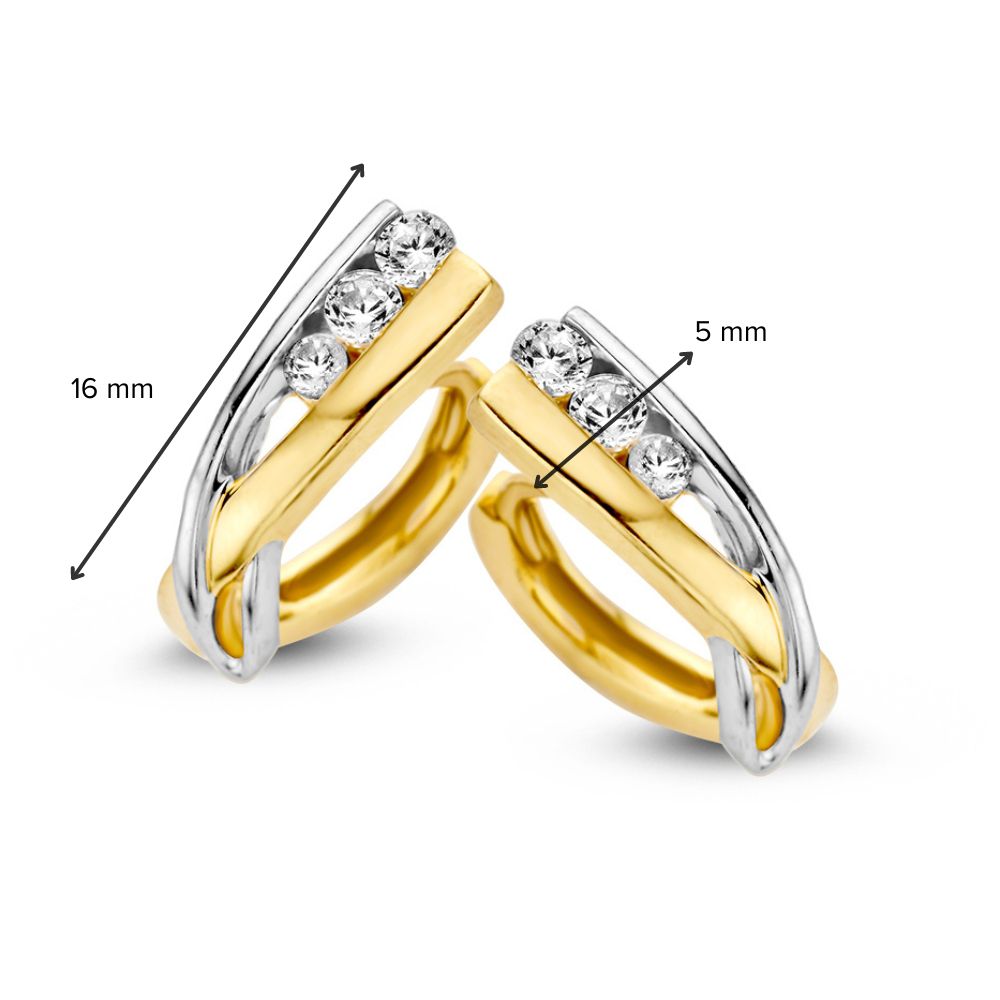 Creole Bicolore in Oro Giallo e Bianco con Zircone – Eleganti Orecchini ad Anello con Perno Ribassato, 14 Carati