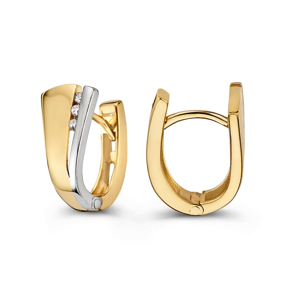 Orecchini a cerchio bicolore in oro bianco e giallo con tre zirconie – Eleganti creole con perno ribassato