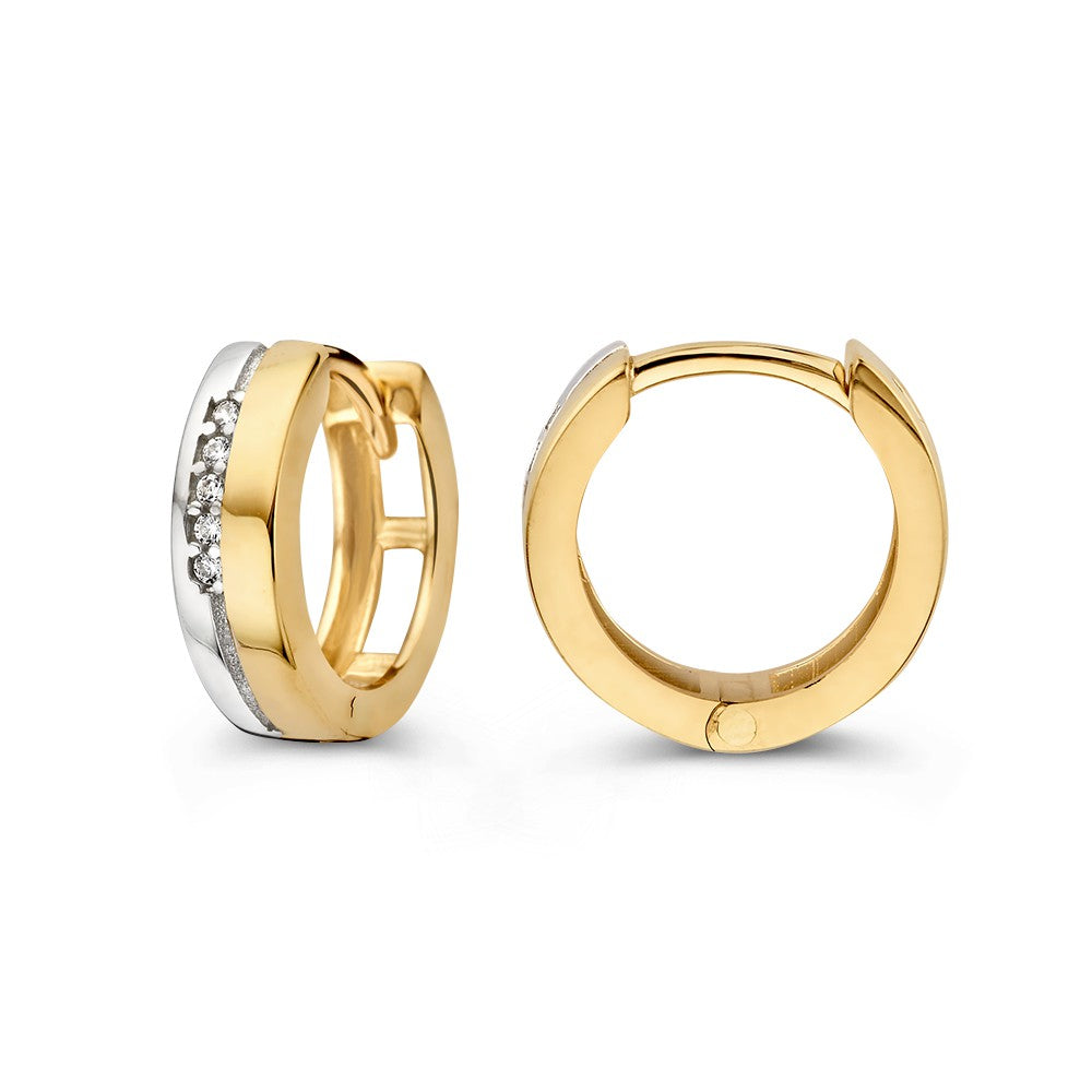 Cerchi orecchini bicolore in oro bianco e giallo con cinque zirconie – Creole eleganti e minimal