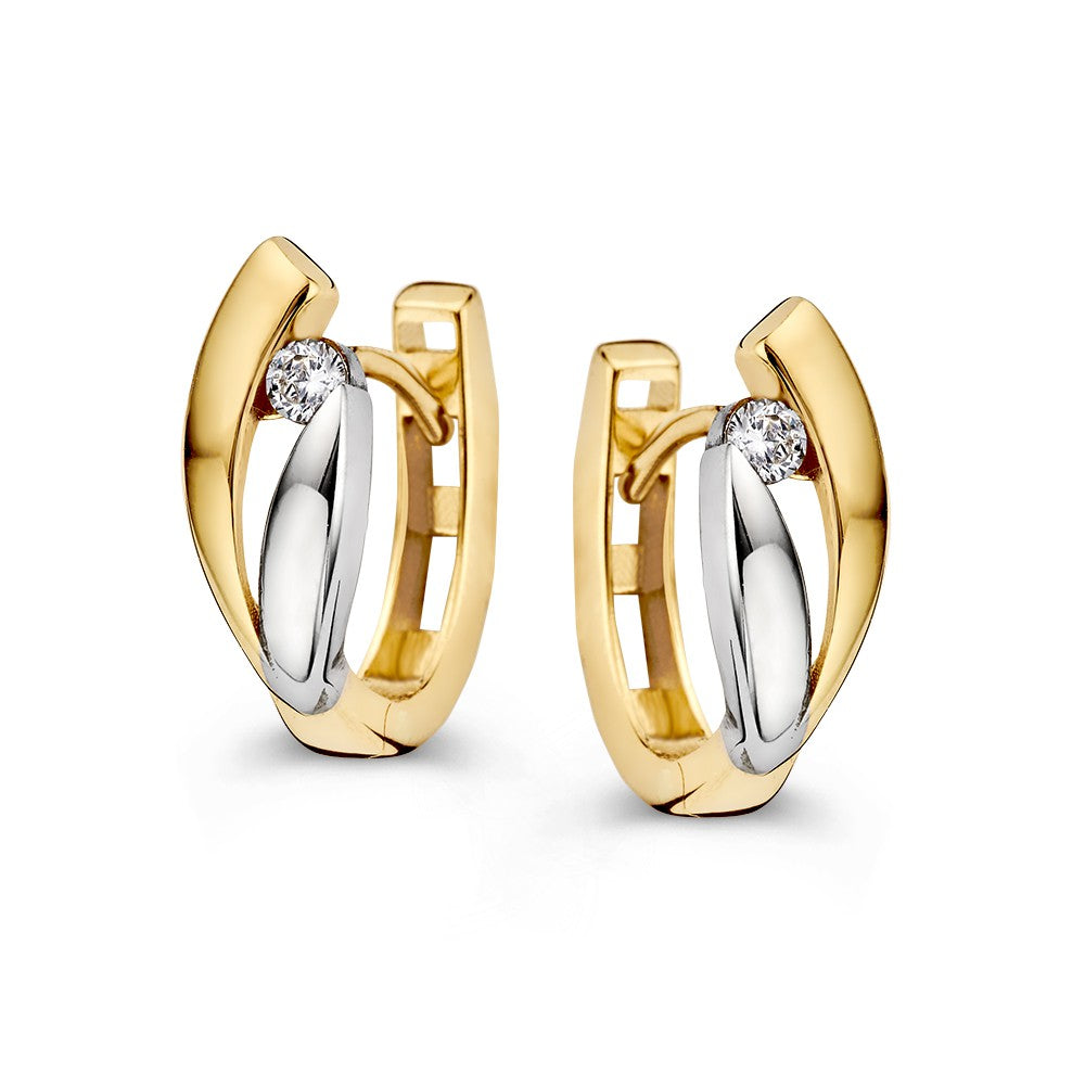 Orecchini bicolore in oro bianco e giallo con zirconi, design elegante per donne.
